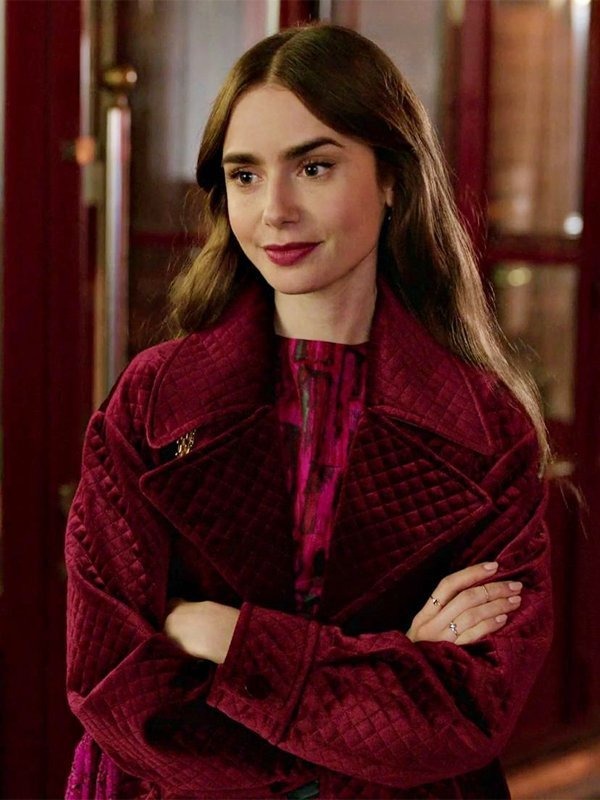 Emily In Paris Lily Collins Maroon Emily Cooper Velvet Jacket Emily In Paris Lily Collins Velvet Jacket