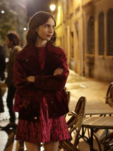 Emily In Paris Lily Collins Maroon Emily Cooper Velvet Jacket