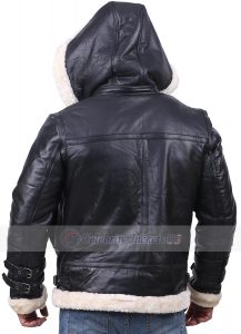 B3 Black Bomber Jacket Faux Fur Collar Cuff and Hoodie - Image 2