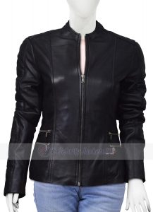 Double Zipper Pockets Black Leather Jacket for Women