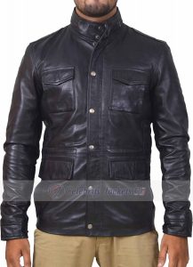 Flap Pocket Neck Collar Real Leather Jacket