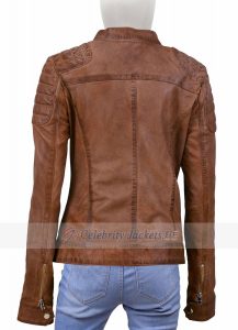Lisa Merlot Brown Fitted Moto Leather Jacket - Image 2