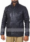 Shiny Black Leather Jacket with Standup Collar and Front Pockets