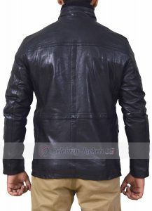 Shiny Black Leather Jacket with Standup Collar and Front Pockets - Image 2