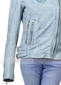 Shoulder Flap ice Blue Denim Zipper Jacket for Women - Image 3