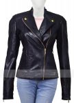 Zipper Waist Pockets Black Leather Jacket for Women