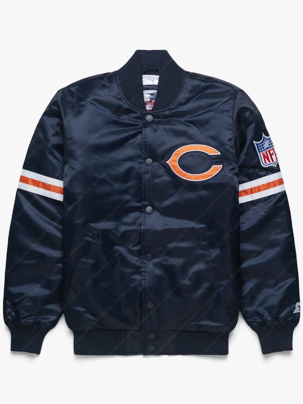NFL Chicago Bears Navy Blue Satin Bomber Jacket Chicago Bears Satin Jacket