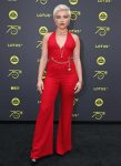 Actress Florence Pugh Red Flared Jumpsuit