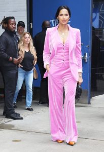 Padma Lakshmi Outside Gma In Newyork Pink Suit.