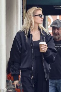 Stella Maxwell In Los Feliz Black Satin Varsity Jacket