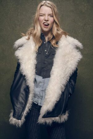 Black Leather Anya Taylor Joy Fur Jacket