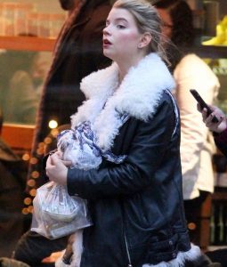 Black Leather Anya Taylor Joy Fur Jacket.
