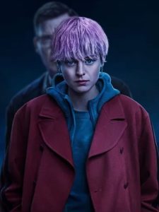 Darby Hart A Murder At The End Of The World S01 Emma Corrin Red Trench Coat.
