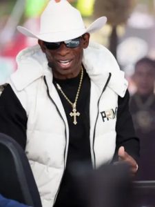 Deion Sanders College Gameday 2023 White Hooded Puffer Vest