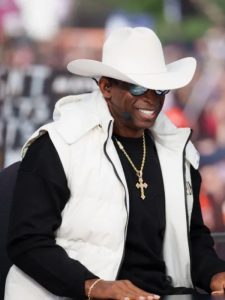 Deion Sanders College Gameday 2023 White Hooded Puffer Vest.
