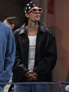 Justin Bieber Us Open 2023 Oversized Black Leather Jacket.