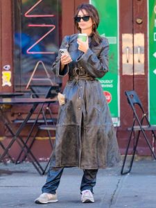 Emily Ratajkowski Nyc Street 2023 Long Brown Leather Trench Coat