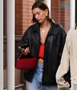 Hailey Bieber Oversize Black Leather Jacket