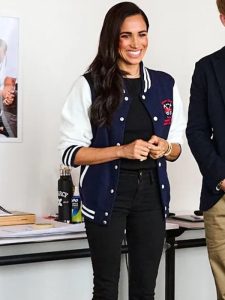 Meghan Markle Blue And White Robert Clack Letterman Jacket