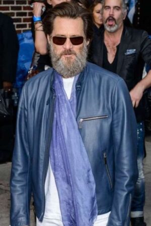 Shop Jim Carrey Street Style Blue Biker Leather Jacket.