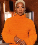 American Comedian Tiffany Haddish Orange Crochet Knit Sweater.