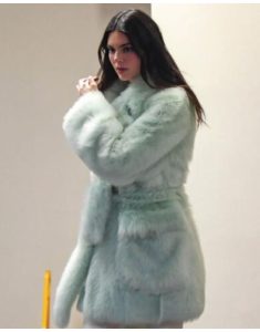 American Model Kendall Jenner Mint Green Belted Fur Coat.
