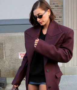 Hailey Bieber Burgundy Trench Coat