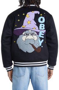 Obey Wizard Wool Blend Varsity Jacket.