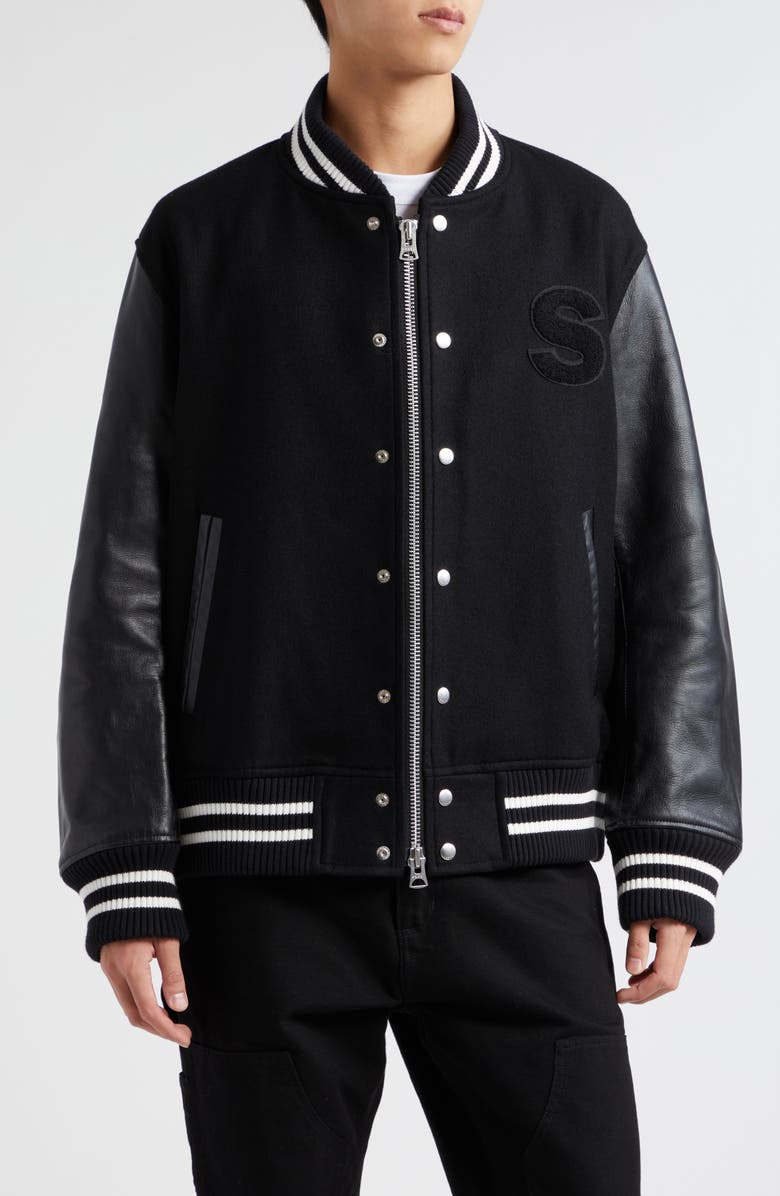 Sacai AMG Logo Embroidered Wool & Leather Varsity Jacket Sacai AMG Logo Embroidered Wool & Leather Varsity Jacket