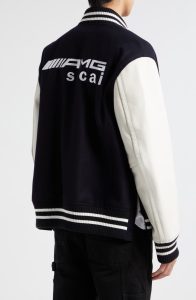 Sacai AMG Logo Navy Blue Embroidered Wool & Leather Varsity Jacket.