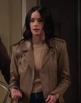 Julia Mariano Series Extended Family 2024 Abigail Spencer Brown Leather Biker Jacket