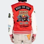 Men's Ride Or Die Road Race Red Varsity Letterman Jacket.