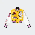 Women's First Row Flower Phwoar Cropped Yellow And White Varsity Jacket