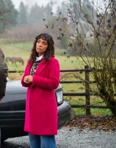 Hadley Film Crimetime Freefall 2024 Lyndie Greenwood Pink Coat