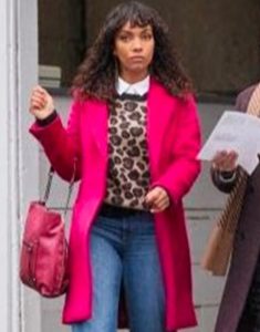Hadley Film Crimetime Freefall 2024 Lyndie Greenwood Pink Coat.