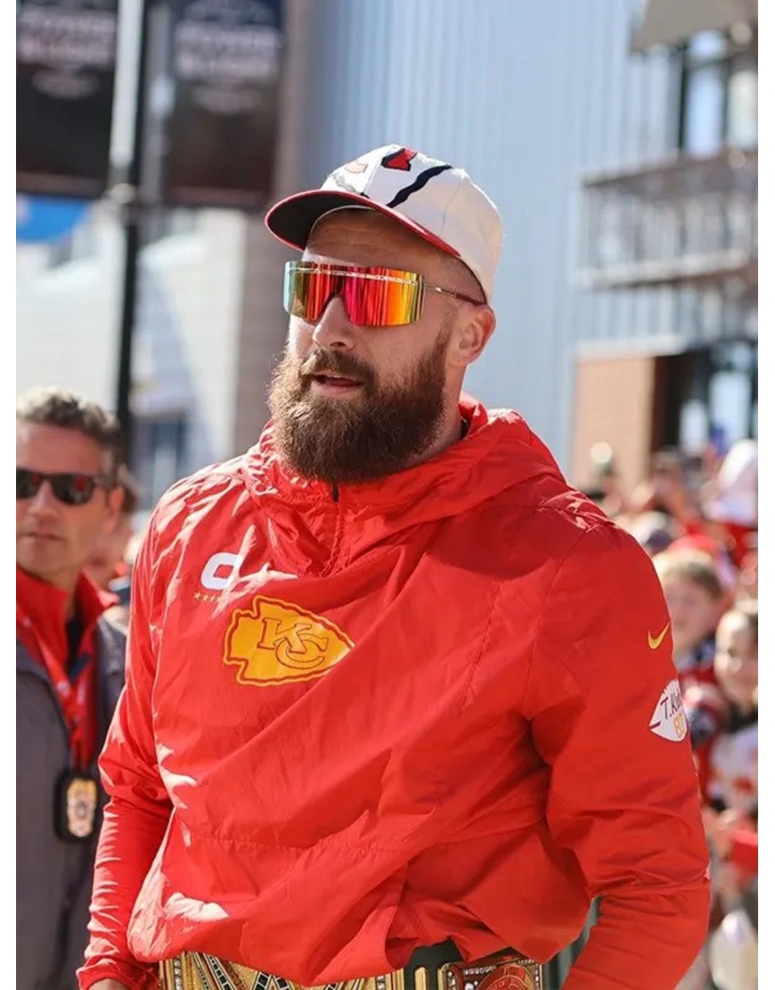 Travis Kelce Super Bowl Lviii Chiefs Victory Parade Red Hoodie. Travis Kelce Super Bowl Lviii Chiefs Victory Parade Red Hoodie.