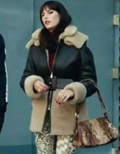 Susie Glass The Gentlemen 2024 Kaya Scodelario Belted Shearling Trim Leather Coat.