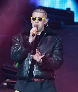 Bad Bunny Black Leather Shearling Jacket.
