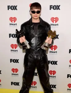 Iheartradio Music Awards 2024 Peso Pluma Black Leather Jumpsuit.
