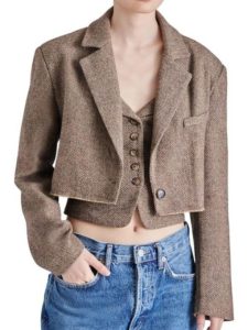 Tv Series Buying London 2024 Rasa Bagdonaviciute Brown Tweed Cropped Blazer.
