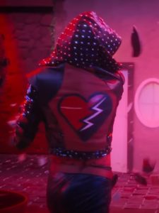 Red Descendants The Rise Of Red 2024 Kylie Cantrall Black And Red Studded Hooded Leather Jacket.