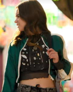 Macarena García Romero The Accident Tv Series Lucia Lobo Green And White Satin Varsity Jacket