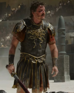 Marcus Acacius Gladiator II 2024 Pedro Pascal Black Vest