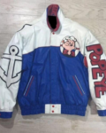 Popeye The Sailor Man Blue And White Leather Bomber Jacket