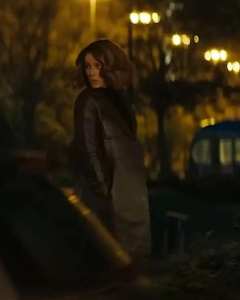 Kate Beckinsale Canary Black Avery Graves Brown Leather Coat