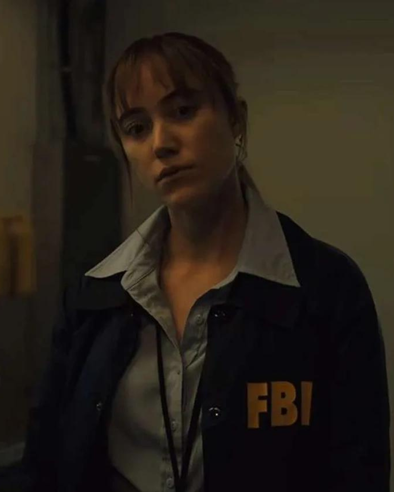 Maika Monroe Movie Longlegs 2024 Blue FBI Jacket Maika Monroe Movie Longlegs 2024 Blue FBI Jacket