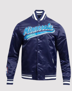 Minnesota Timberwolves Script Tail Navy Satin Varsity Jacket