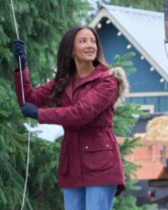 Emily Christmas Under The Lights 2024 Heather Hemmens Maroon Hooded Jacket