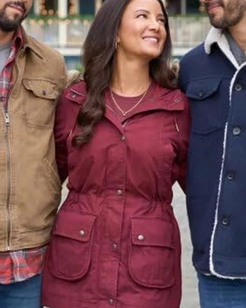 Emily Christmas Under The Lights 2024 Heather Hemmens Maroon Shearling Hooded Jacket Emily Christmas Under The Lights 2024 Heather Hemmens Maroon Shearling Hooded Jacket