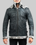 Men’s Grey Hooded B-3 Bomber Leather Jacket